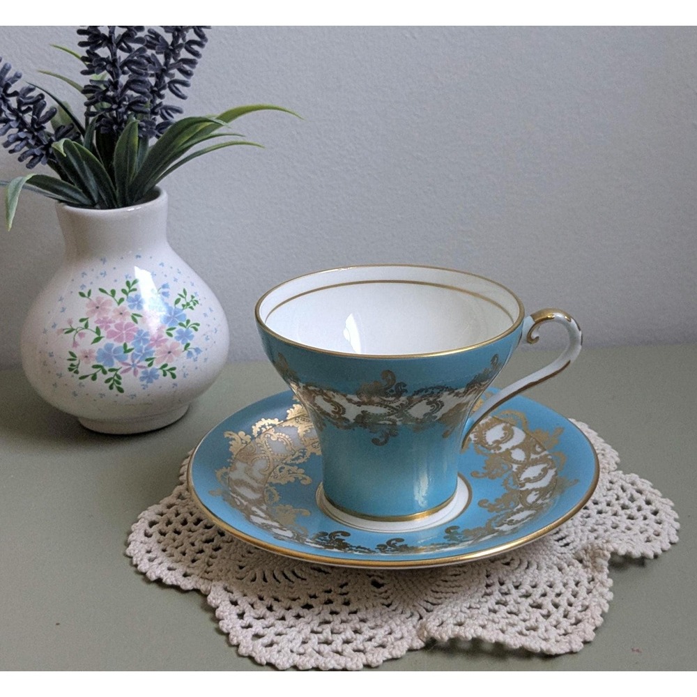 Vintage Aynsley England Bone China‎ Teacup and Saucer | Turquoise Blue & Gold